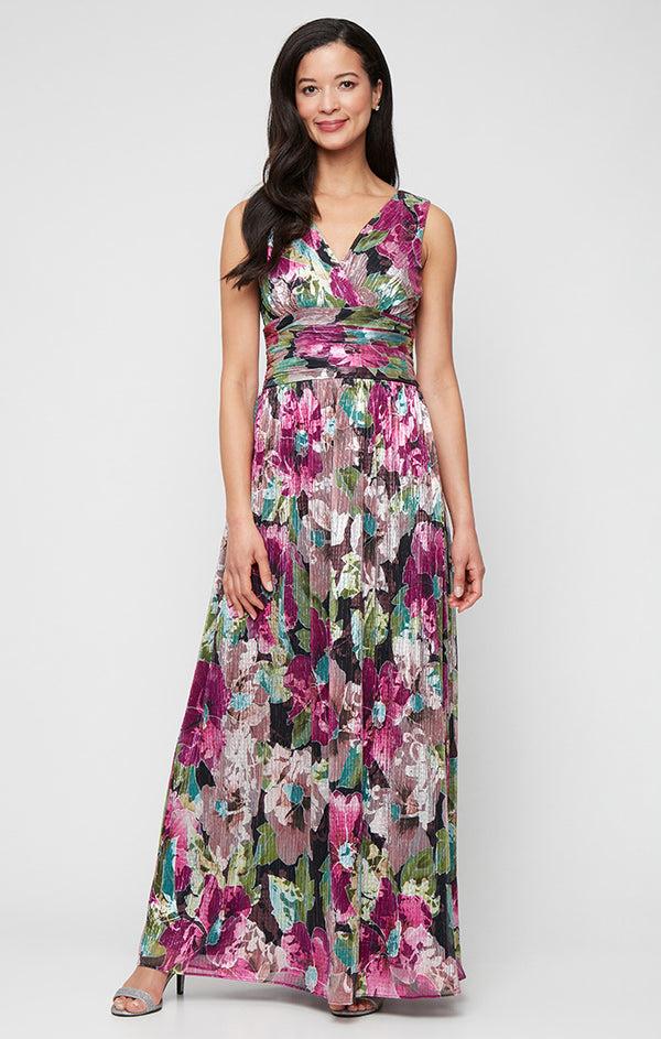 S.L. Fashions Petite - Long Foil Printed Sleeveless Dress with Surplice Neckline and Ruched Waist