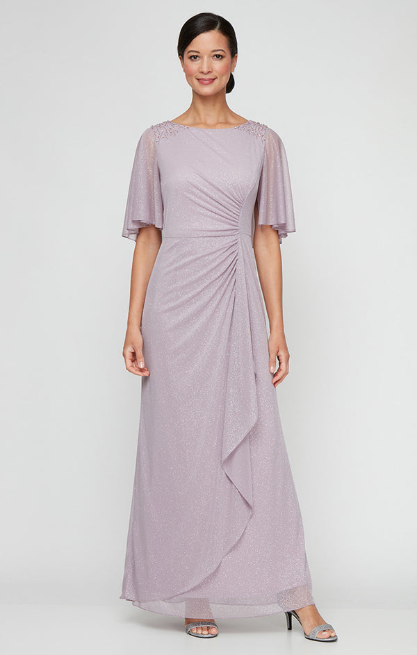 S.L. Fashions Petite Long Glitter Mesh Dress with Embellished Elbow Sleeves and Cascade Overlay Skirt