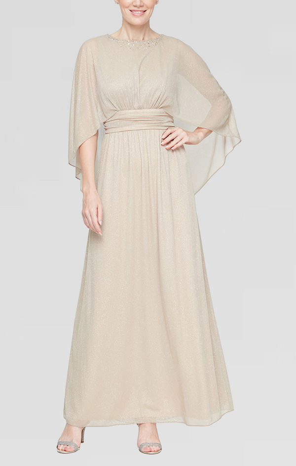 S.L. Fashions Petite Long Glitter Mesh Ruched Waist Dress with Capelet Sleeves and Embellishment at Neckline