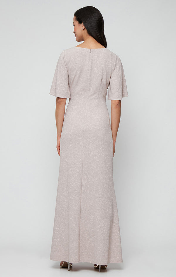 S.L. Fashions Petite - Long Glitter Metallic Knit Dress With L-Neckline And Ruched Waist Detail