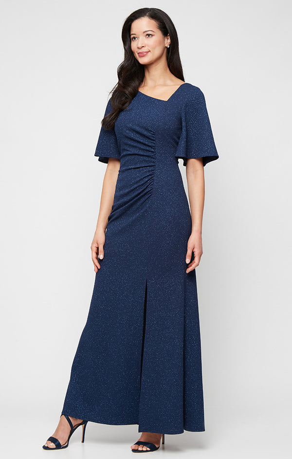 S.L. Fashions Petite - Long Glitter Metallic Knit Dress With L-Neckline And Ruched Waist Detail