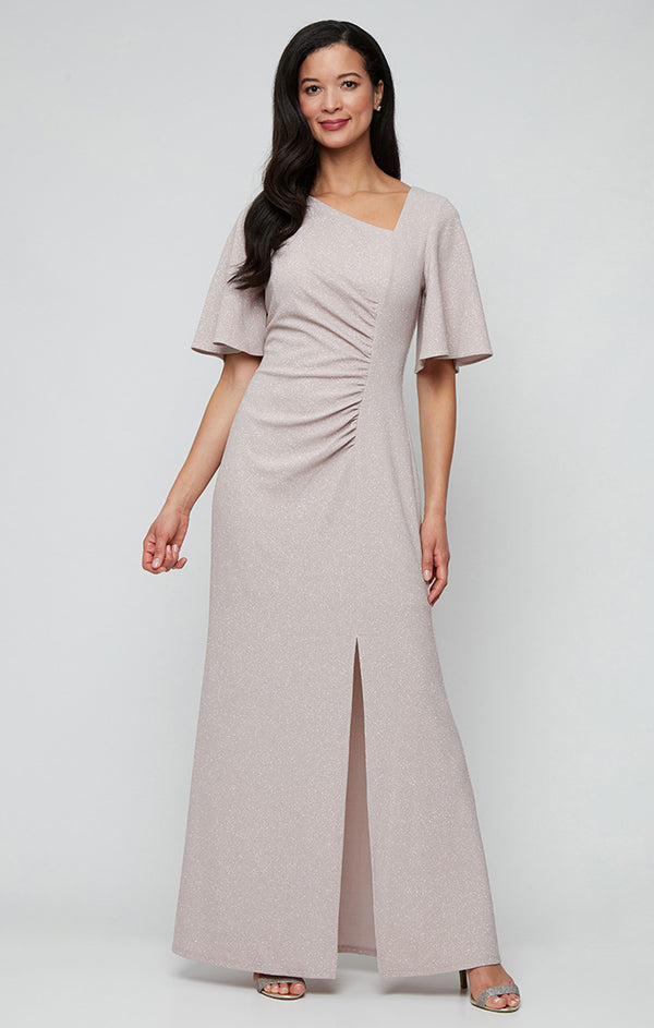 S.L. Fashions Petite - Long Glitter Metallic Knit Dress with L-Neckline and Ruched Waist Detail