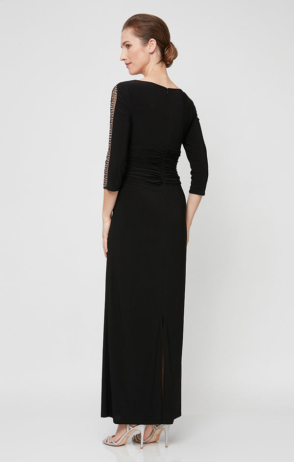 S.L. Fashions Petite Long Matte Jeresy Dress With Ruched Bodice And Embroidered Illusion Inset Sleeves