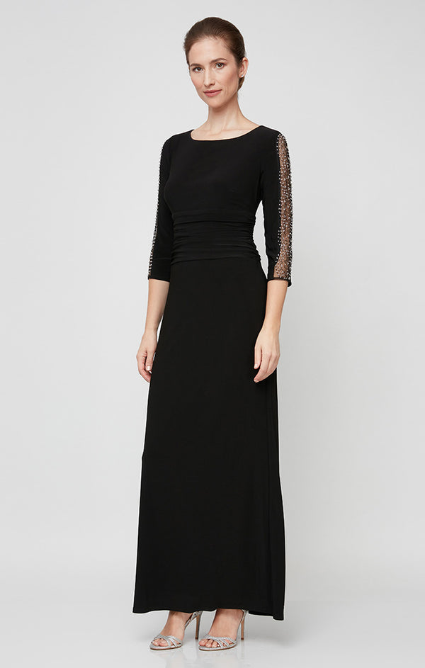 S.L. Fashions Petite Long Matte Jeresy Dress with Ruched Bodice and Embroidered Illusion Inset Sleeves