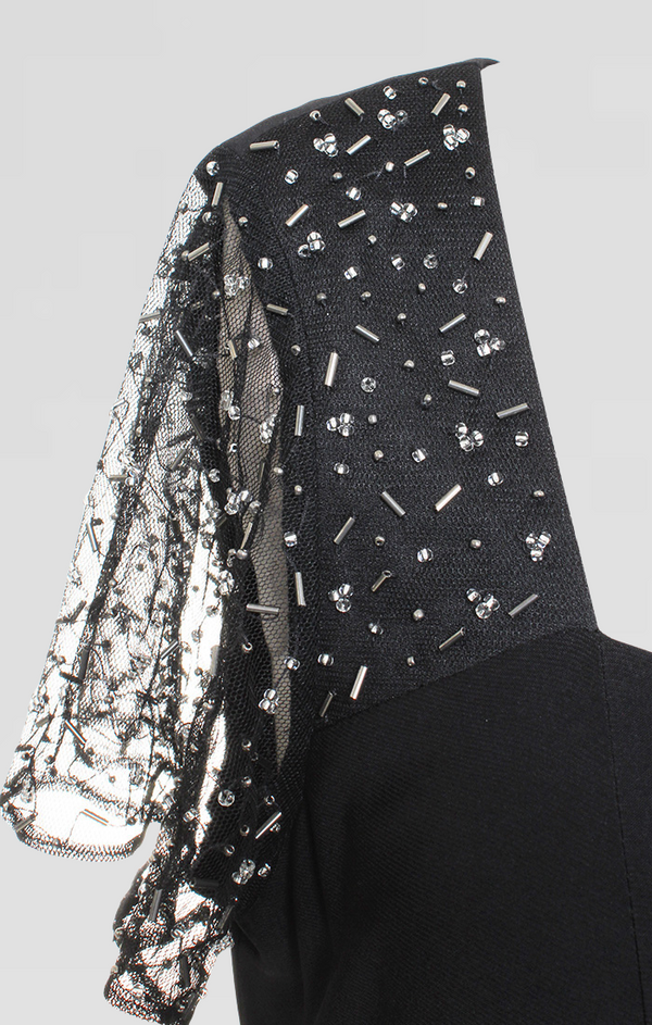 S.L. Fashions Petite Long Matte Jersey Dress With Short Beaded Illusion Sleeves Square Neckline And Ruched Waist Detail