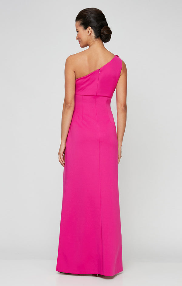 S.L. Fashions Petite Long One Shoulder Dress With 3D Floral Shoulder Detail