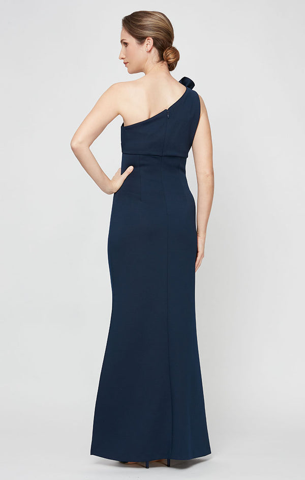 S.L. Fashions Petite Long One Shoulder Dress With 3D Floral Shoulder Detail