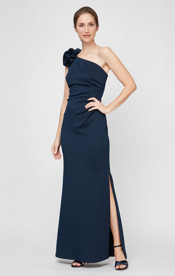 S.L. Fashions Petite Long One Shoulder Dress With 3D Floral Shoulder Detail