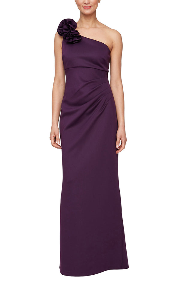 S.L. Fashions Petite Long One Shoulder Dress with Flower Detail at Shoulder