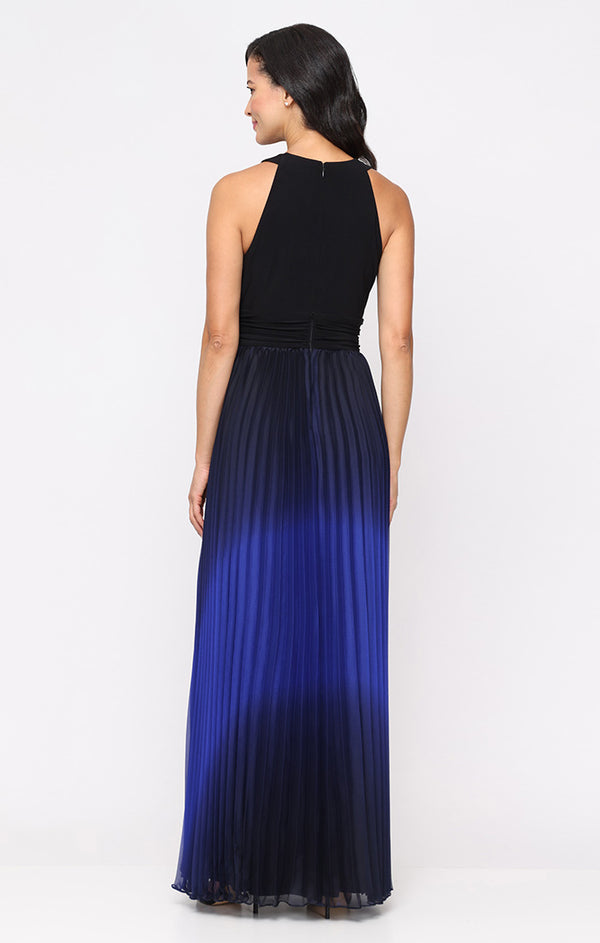 S.L. Fashions Petite Long Pleated Ombre Chiffon Dress With Matte Jersey Halter Neck Bodice