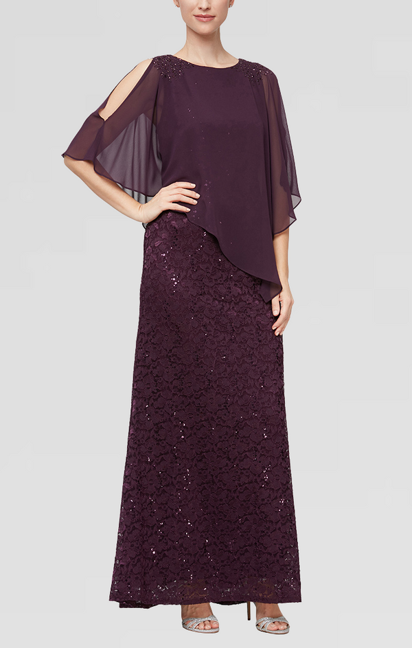 S.L. Fashions Petite Long Popover Dress With Beaded Shoulder Detail and Asymmetric Overlay