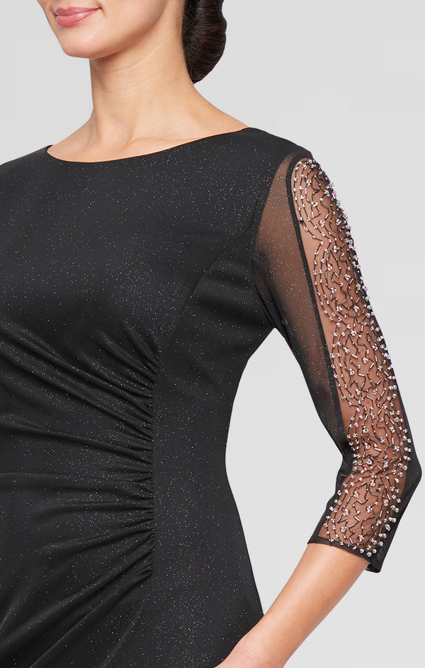 S.L. Fashions Petite - Long Ruched Waist Dress With Beaded Illusion Panel Sleeves And Front Slit