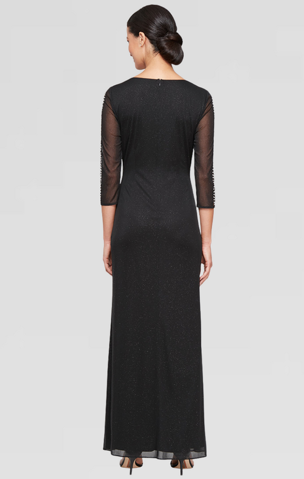 S.L. Fashions Petite - Long Ruched Waist Dress With Beaded Illusion Panel Sleeves And Front Slit