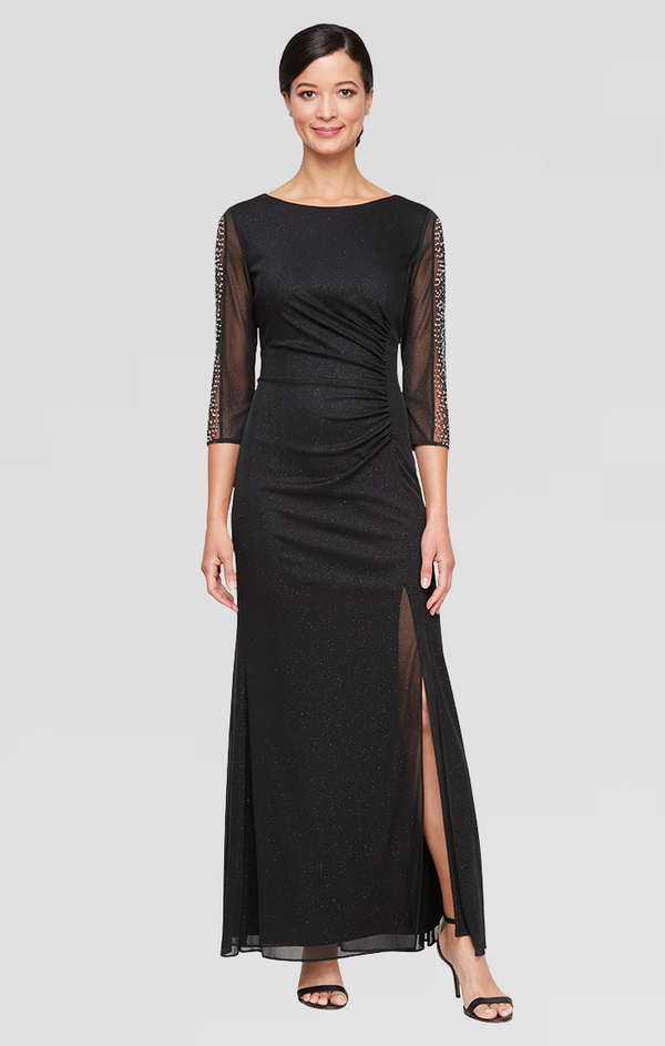 S.L. Fashions Petite - Long Ruched Waist Dress with Beaded Illusion Panel Sleeves and Front Slit