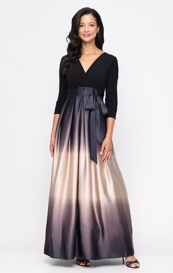 S.L. Fashions Petite Long Satin Charmeuse Ombre Ballgown with Surplice Neckline Bodice