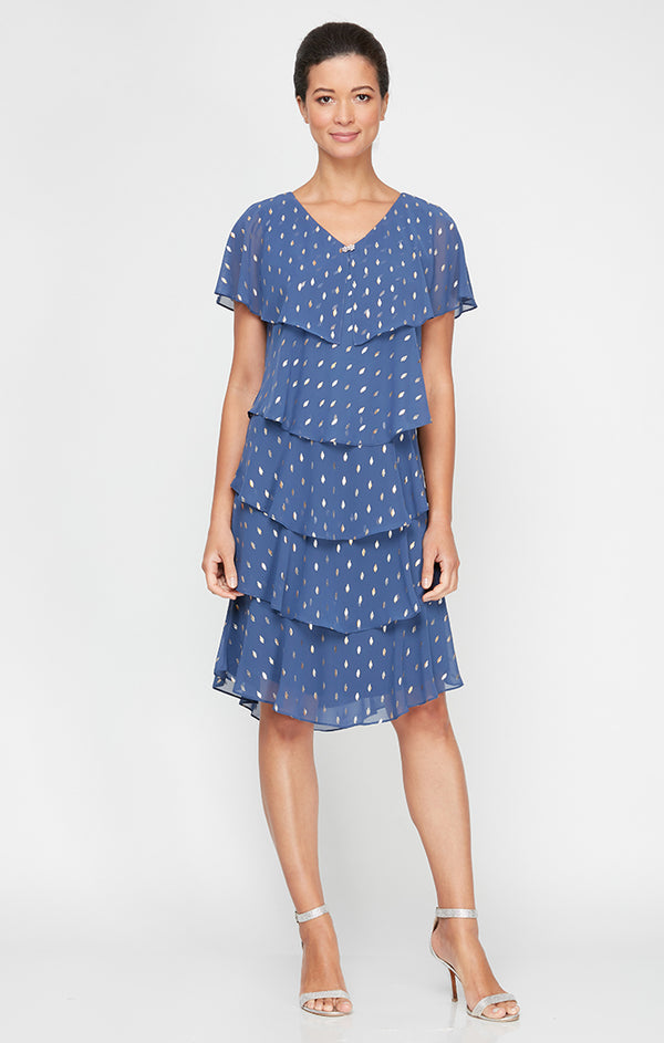 S.L. Fashions Petite Metallic Printed Short Sleeve Tier Dress With Embellishment At Neckline