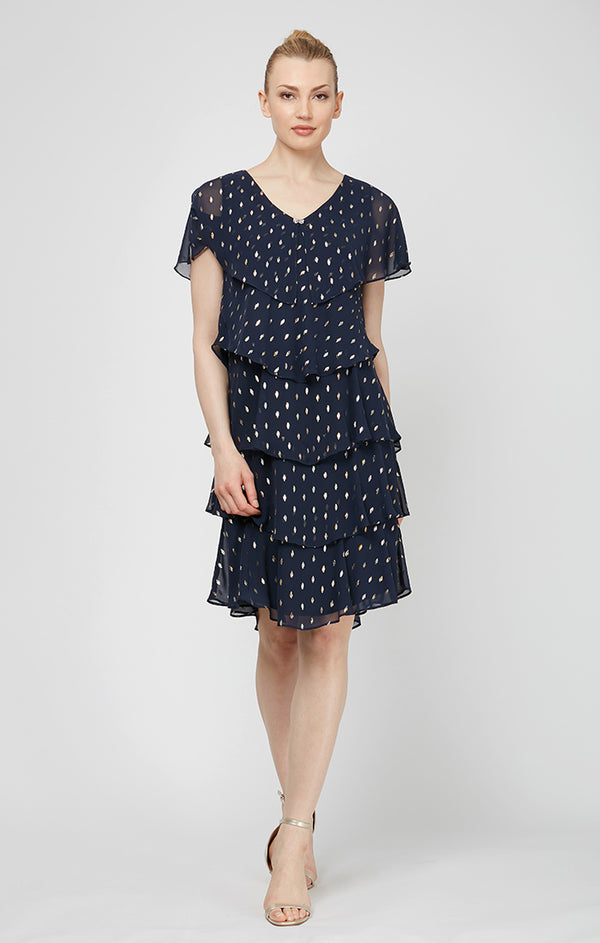 S.L. Fashions Petite Metallic Printed Short Sleeve Tier Dress with Embellishment At Neckline