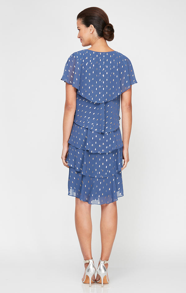 S.L. Fashions Petite Metallic Printed Short Sleeve Tier Dress With Embellishment At Neckline