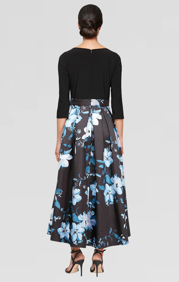 S.L. Fashions Petite Printed Mikado High/Low Party Dress With 3/4 Sleeves Tie Belt & Pockets