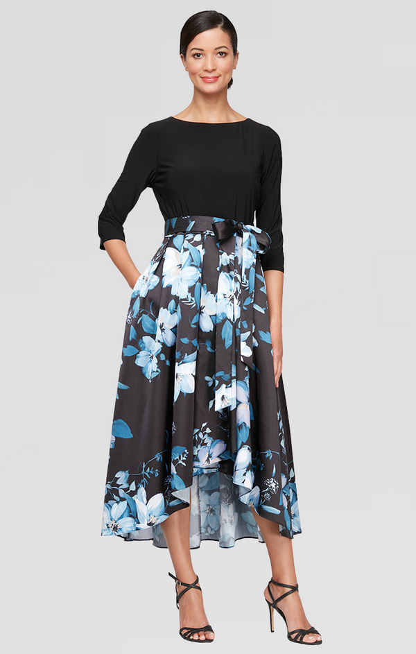 S.L. Fashions Petite Printed Mikado High/Low Party Dress with 3/4 Sleeves Tie Belt & Pockets