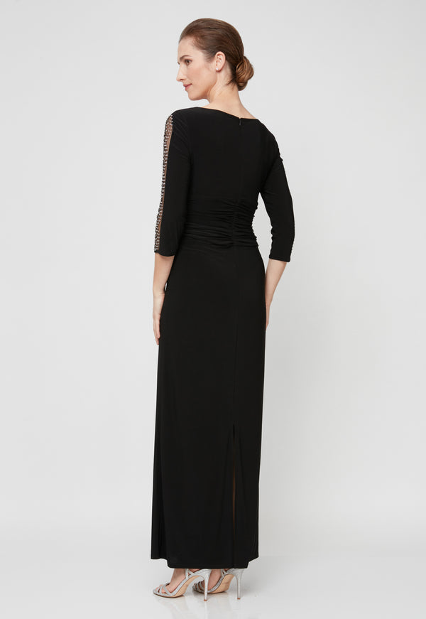 S.L. Fashions Petite Ruched Waist Long Dress With Embellished Sleeve Detail