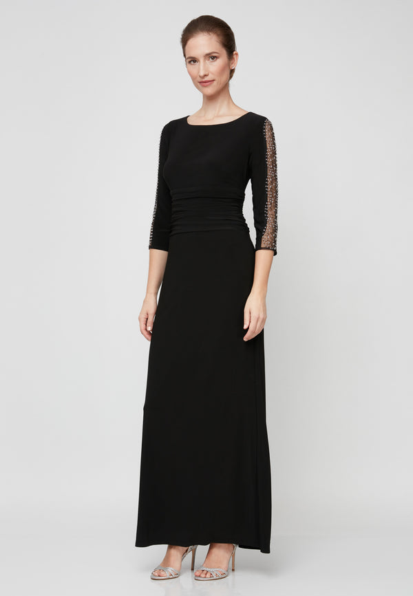 S.L. Fashions Petite Ruched Waist Long Dress with Embellished Sleeve Detail