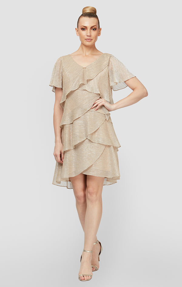 S.L. Fashions Petite Shimmer Bodre Chiffon Tiered Cocktail Dress