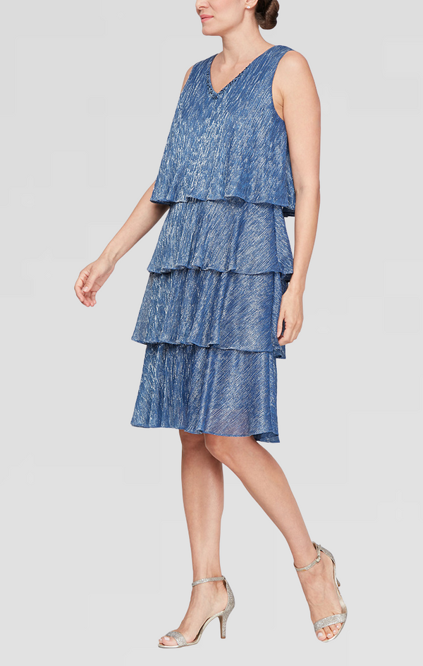 S.L. Fashions Petite - Shimmer V-Neck Tiered Jacket Dress With Open Cascade Jacket
