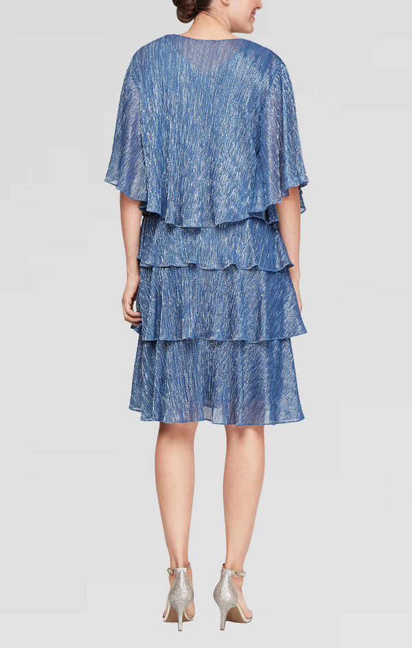 S.L. Fashions Petite - Shimmer V-Neck Tiered Jacket Dress With Open Cascade Jacket