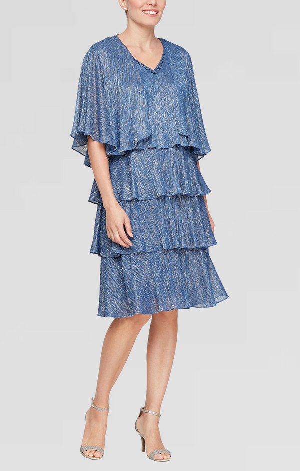 S.L. Fashions Petite - Shimmer V-Neck Tiered Jacket Dress with Open Cascade Jacket