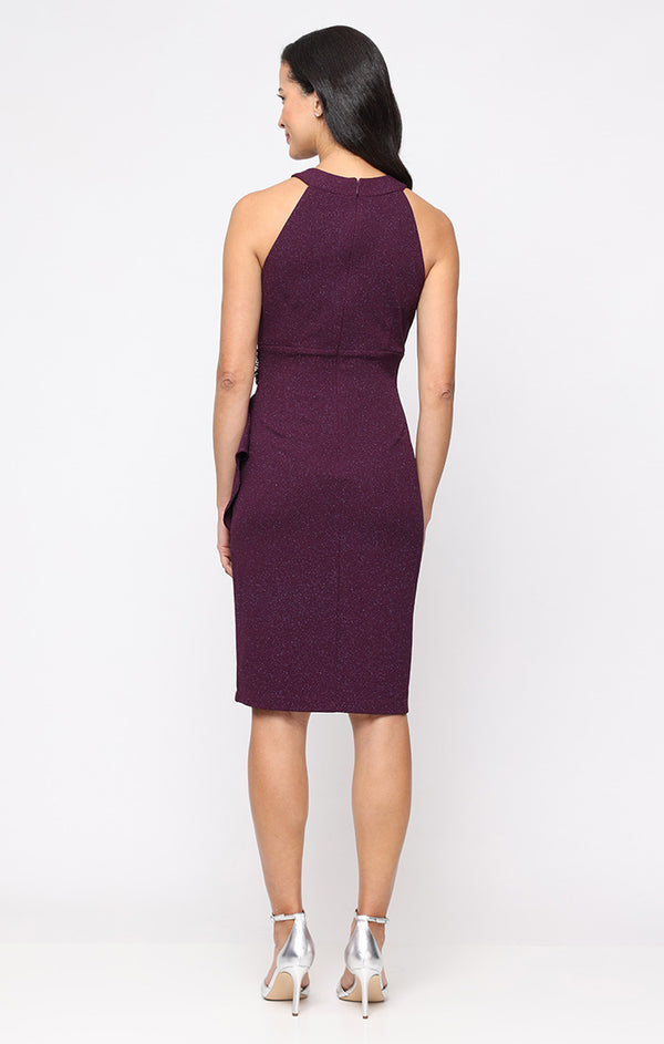 S.L. Fashions Petite Short Glitter Knit Sheath Dress With Embellished Halter Neck Dress And Cascade Detail Skirt