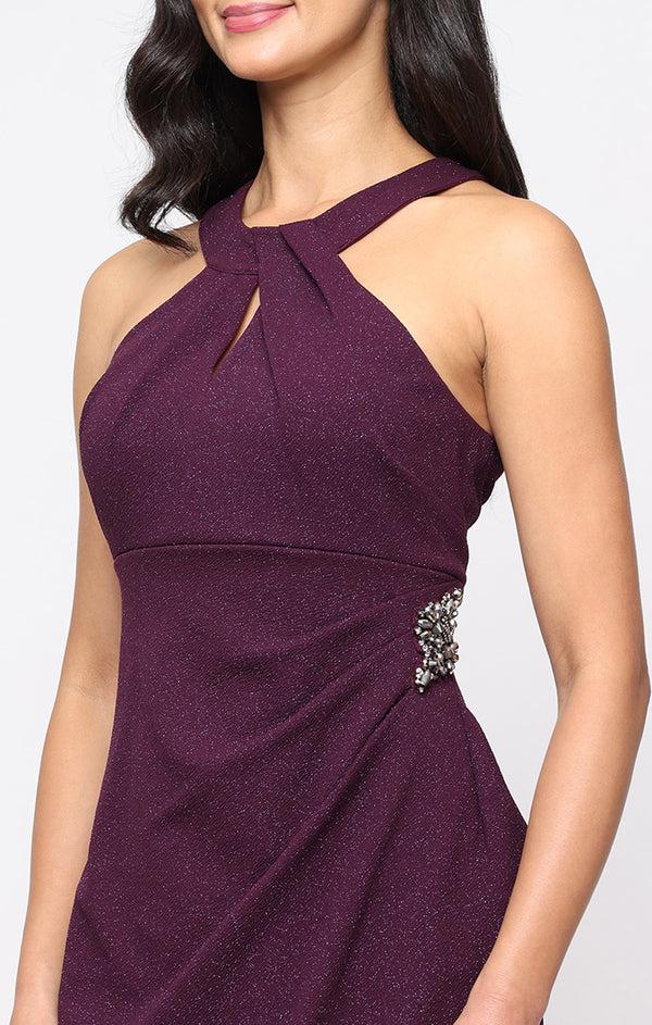 S.L. Fashions Petite Short Glitter Knit Sheath Dress With Embellished Halter Neck Dress And Cascade Detail Skirt