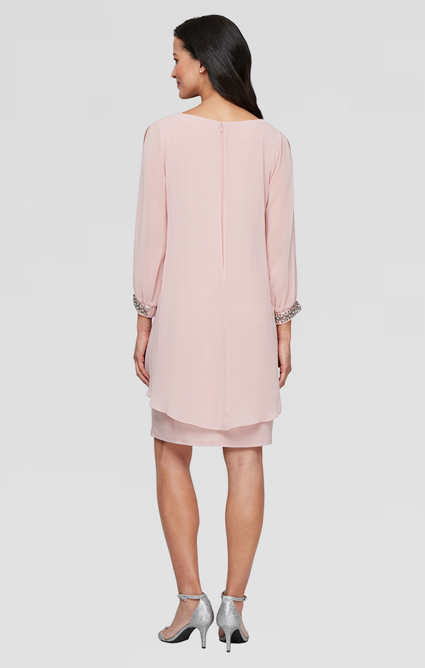 S.L. Fashions Petite Short Jersey Sheath Dress With Chiffon Tulip Overlay Bodice And Beaded Illusion Cuff Sleeves