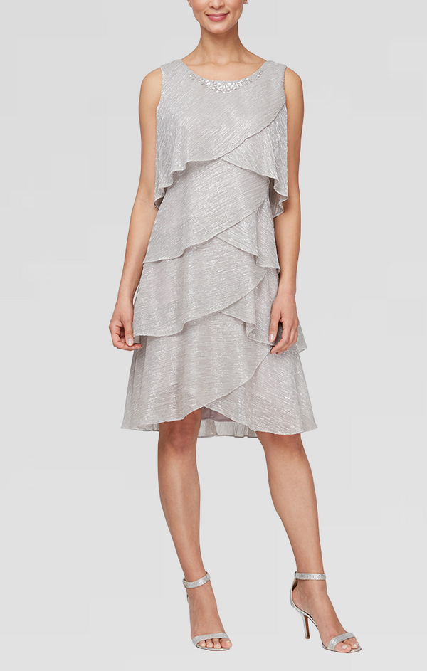 S.L. Fashions Petite Short Shimmer Artichoke Tiered Jacket Dress With Embellishment Detail At Neckline