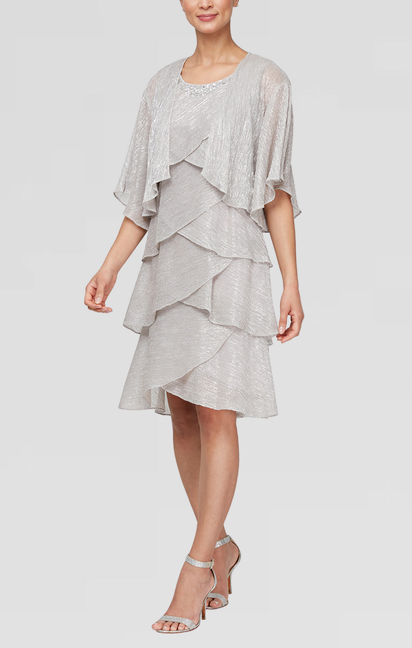 S.L. Fashions Petite Short Shimmer Artichoke Tiered Jacket Dress with Embellishment Detail at Neckline