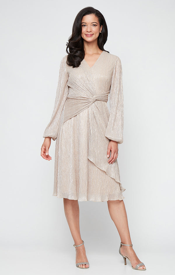 S.L. Fashions Petite Tea Length Dress with Surplice Neckline and Knot Front Detail