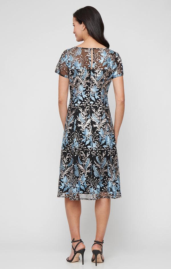 S.L. Fashions Petite - Tea Length Embroidered Dress With Short Illusion Sleeves