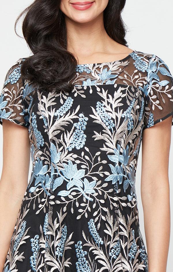 S.L. Fashions Petite - Tea Length Embroidered Dress With Short Illusion Sleeves
