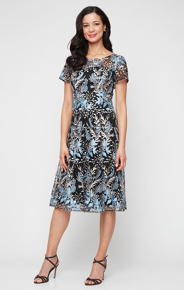 S.L. Fashions Petite - Tea Length Embroidered Dress with Short Illusion Sleeves