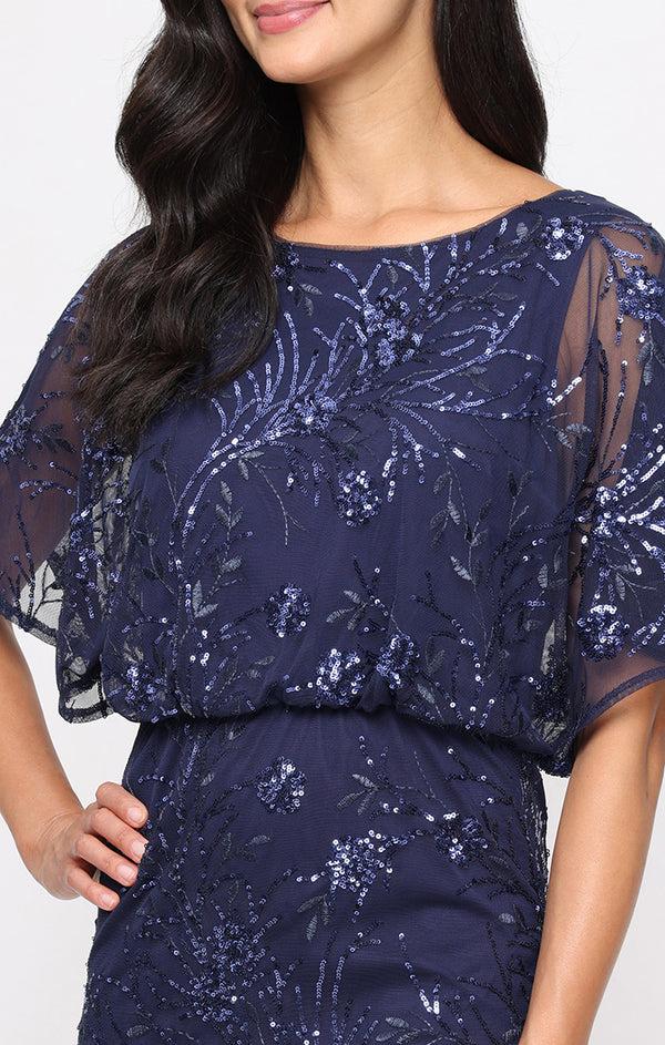 S.L. Fashions Petite Tea Length Mesh Sequin Blouson Dress