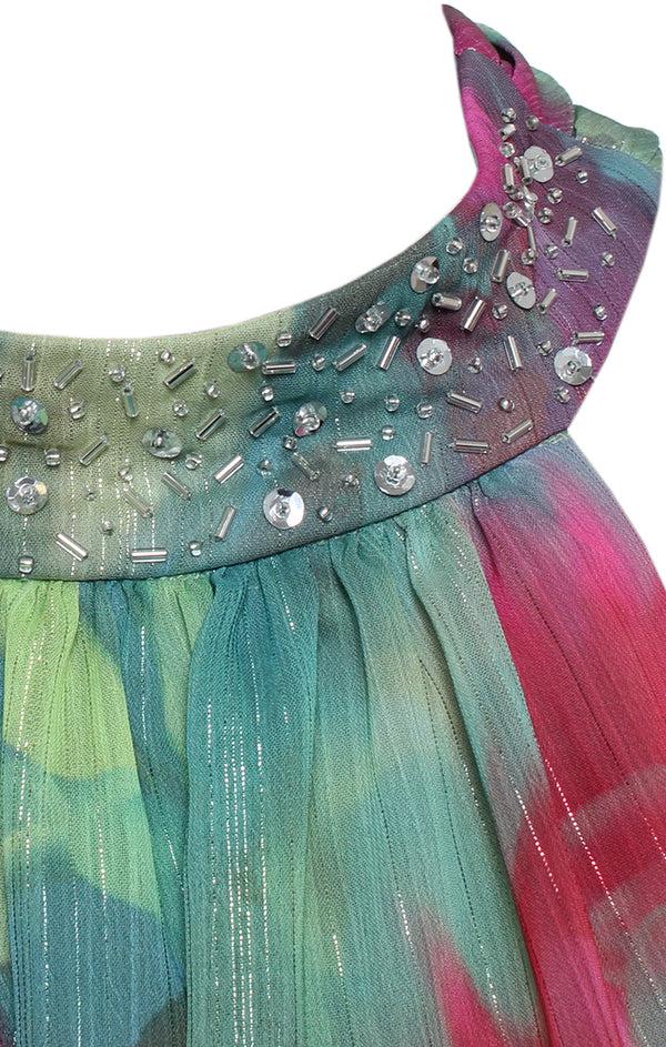 S.L. Fashions Petite - Tea Length Printed Maxi With Beaded Halter Neckline