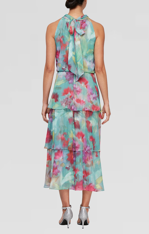 S.L. Fashions Petite - Tea Length Printed Maxi With Beaded Halter Neckline