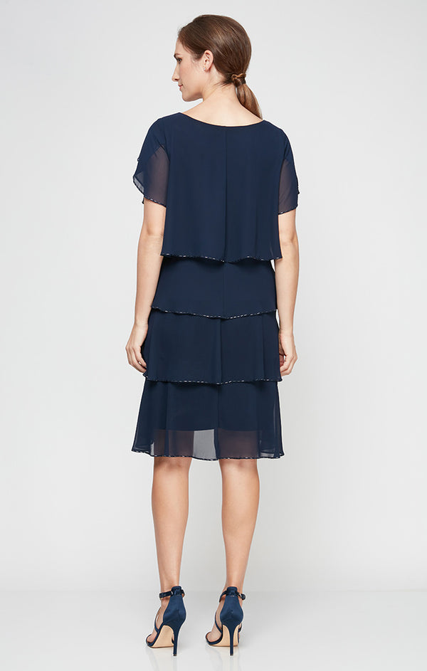 S.L. Fashions Petite Tiered Chiffon Cocktail Dress With Bugle Beaded Trim And Flutter Sleeves