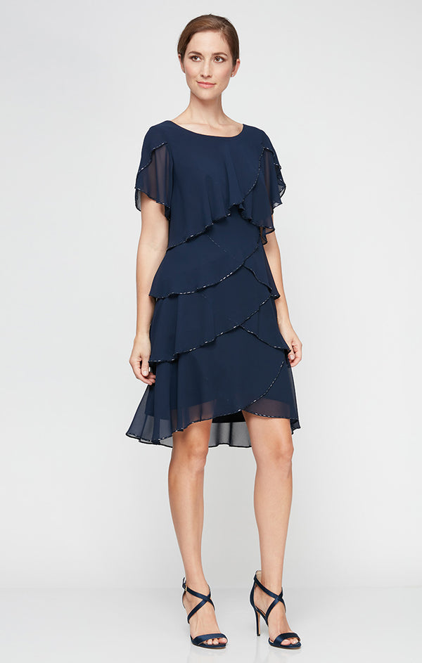 S.L. Fashions Petite Tiered Chiffon Cocktail Dress with Bugle Beaded Trim and Flutter Sleeves