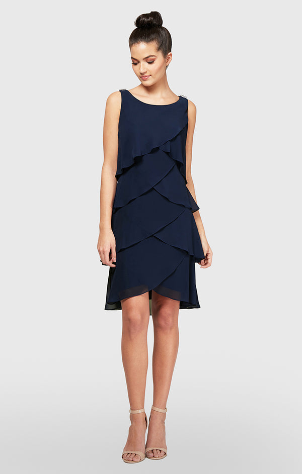 S.L. Fashions Petite Tulip Tiered Chiffon Cocktail Dress With Barrel Pins