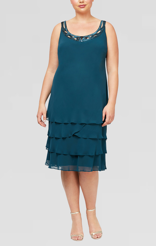 S.L. Fashions Plus 3/4 Sleeve Chiffon Jacket Dress With Tiered Skirt And Beaded Neckline Detail