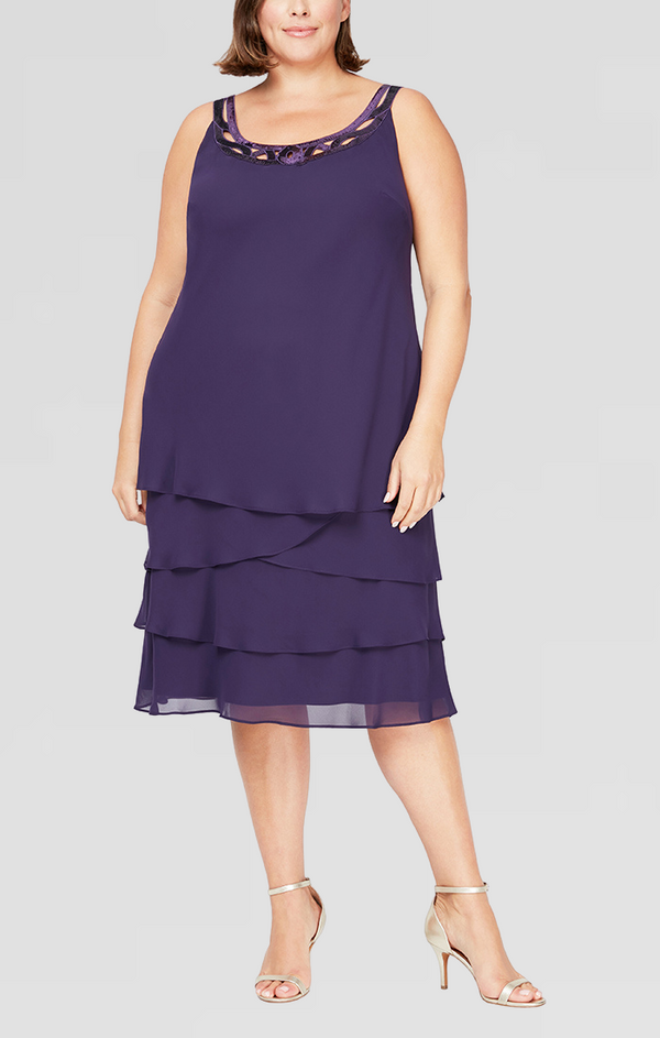 S.L. Fashions Plus 3/4 Sleeve Chiffon Jacket Dress With Tiered Skirt And Beaded Neckline Detail