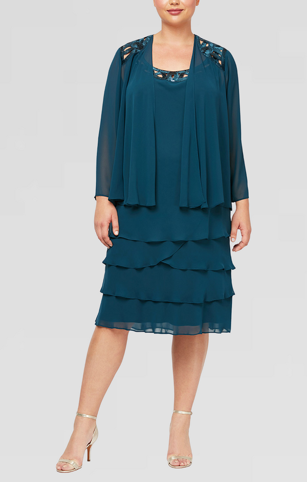 S.L. Fashions Plus 3/4 Sleeve Chiffon Jacket Dress With Tiered Skirt And Beaded Neckline Detail