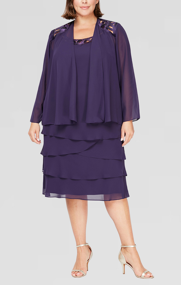 S.L. Fashions Plus 3/4 Sleeve Chiffon Jacket Dress with Tiered Skirt and Beaded Neckline Detail