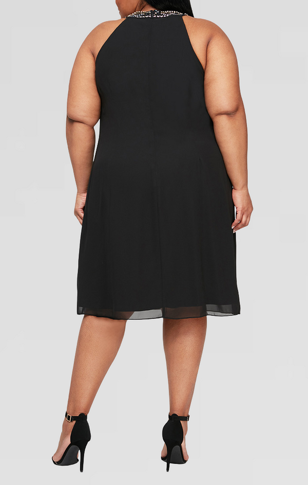 S.L. Fashions Plus Beaded Neckline Chiffon Dress With Cascade Ruffle Detail